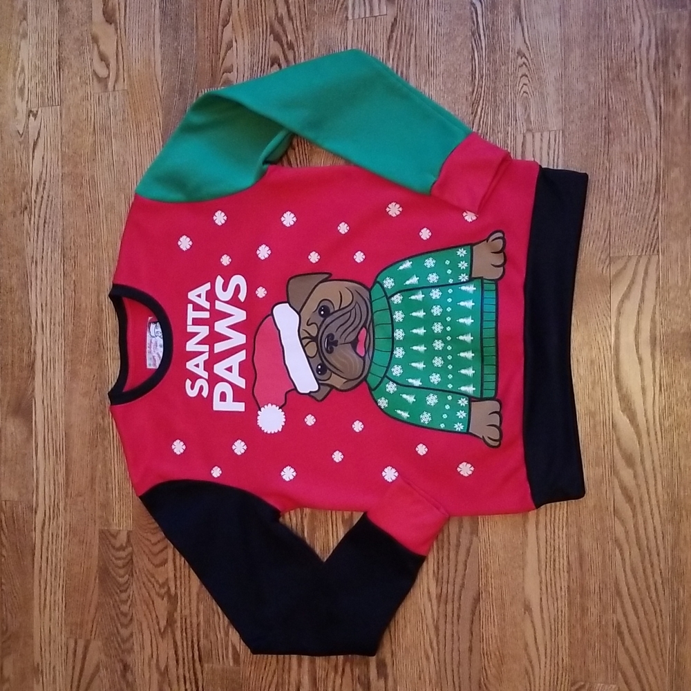 (S) Happy Holidays Colorful Crew Holiday Themed Graphic "Santa Paws" Sweater